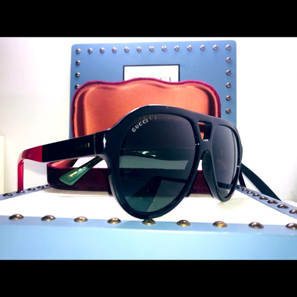 New - Gucci Black Red Green 0159 Stripe Aviator Unisex Gg0159 Sunglasses - Picture 1 of 11